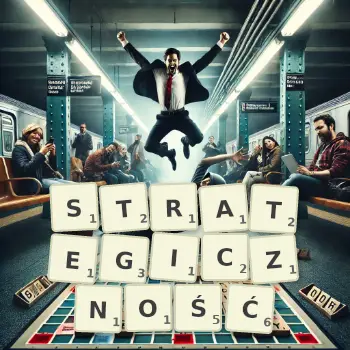 Kreatywna ilustracja do gry w Scrabble ze słowem STRATEGICZNOŚĆ ułożonym z płytek na planszy.