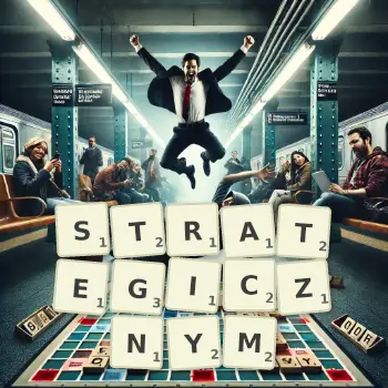 Kreatywna ilustracja do gry w Scrabble ze słowem STRATEGICZNYM ułożonym z płytek na planszy.