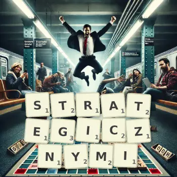 Kreatywna ilustracja do gry w Scrabble ze słowem STRATEGICZNYMI ułożonym z płytek na planszy.
