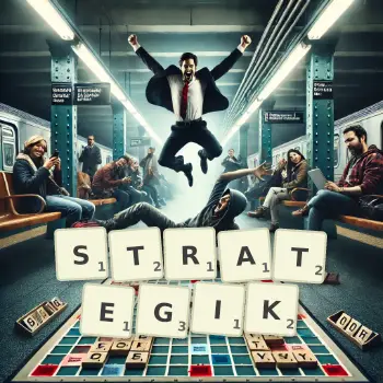Kreatywna ilustracja do gry w Scrabble ze słowem STRATEGIK ułożonym z płytek na planszy.