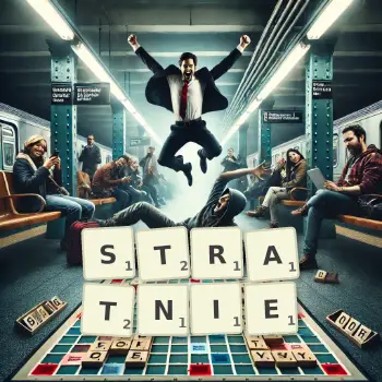 Kreatywna ilustracja do gry w Scrabble ze słowem STRATNIE ułożonym z płytek na planszy.