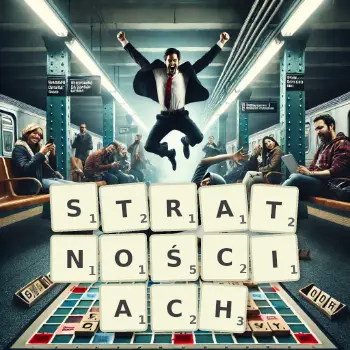 Kreatywna ilustracja do gry w Scrabble ze słowem STRATNOŚCIACH ułożonym z płytek na planszy.