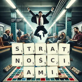 Kreatywna ilustracja do gry w Scrabble ze słowem STRATNOŚCIAMI ułożonym z płytek na planszy.