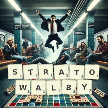 Kreatywna ilustracja do gry w Scrabble ze słowem STRATOWALBY ułożonym z płytek na planszy.