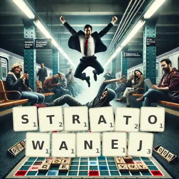 Kreatywna ilustracja do gry w Scrabble ze słowem STRATOWANEJ ułożonym z płytek na planszy.