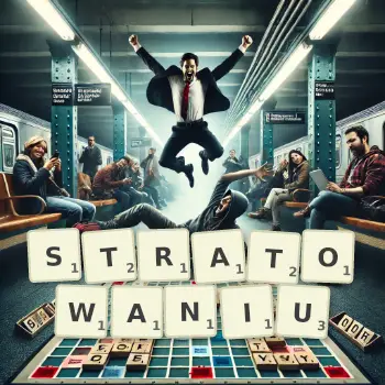 Kreatywna ilustracja do gry w Scrabble ze słowem STRATOWANIU ułożonym z płytek na planszy.