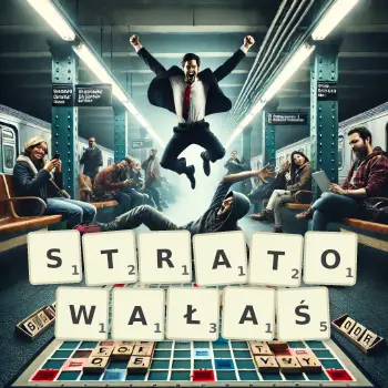 Kreatywna ilustracja do gry w Scrabble ze słowem STRATOWAŁAŚ ułożonym z płytek na planszy.