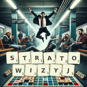 Kreatywna ilustracja do gry w Scrabble ze słowem STRATOWIZYJ ułożonym z płytek na planszy.