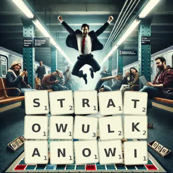 Kreatywna ilustracja do gry w Scrabble ze słowem STRATOWULKANOWI ułożonym z płytek na planszy.