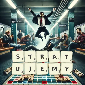Kreatywna ilustracja do gry w Scrabble ze słowem STRATUJEMY ułożonym z płytek na planszy.