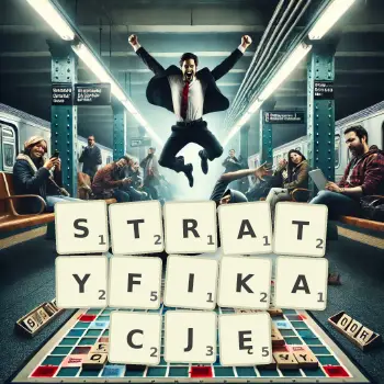Kreatywna ilustracja do gry w Scrabble ze słowem STRATYFIKACJĘ ułożonym z płytek na planszy.