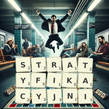 Kreatywna ilustracja do gry w Scrabble ze słowem STRATYFIKACYJNI ułożonym z płytek na planszy.