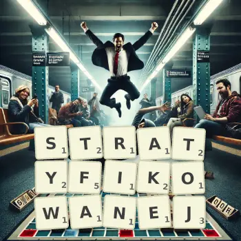 Kreatywna ilustracja do gry w Scrabble ze słowem STRATYFIKOWANEJ ułożonym z płytek na planszy.