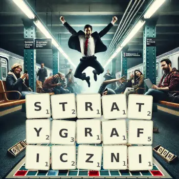 Kreatywna ilustracja do gry w Scrabble ze słowem STRATYGRAFICZNI ułożonym z płytek na planszy.