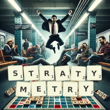 Kreatywna ilustracja do gry w Scrabble ze słowem STRATYMETRY ułożonym z płytek na planszy.