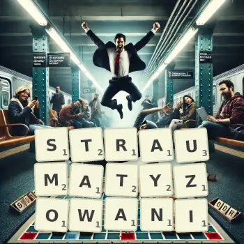 Kreatywna ilustracja do gry w Scrabble ze słowem STRAUMATYZOWANI ułożonym z płytek na planszy.