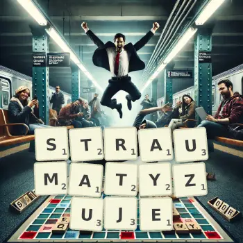 Kreatywna ilustracja do gry w Scrabble ze słowem STRAUMATYZUJE ułożonym z płytek na planszy.