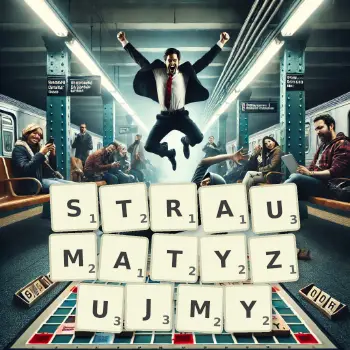 Kreatywna ilustracja do gry w Scrabble ze słowem STRAUMATYZUJMY ułożonym z płytek na planszy.