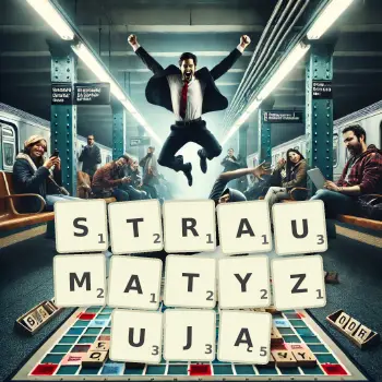 Kreatywna ilustracja do gry w Scrabble ze słowem STRAUMATYZUJĄ ułożonym z płytek na planszy.