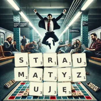 Kreatywna ilustracja do gry w Scrabble ze słowem STRAUMATYZUJĘ ułożonym z płytek na planszy.