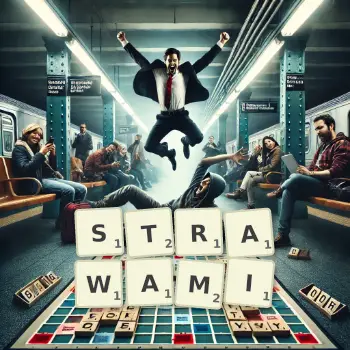Kreatywna ilustracja do gry w Scrabble ze słowem STRAWAMI ułożonym z płytek na planszy.