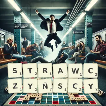 Kreatywna ilustracja do gry w Scrabble ze słowem STRAWCZYŃSCY ułożonym z płytek na planszy.
