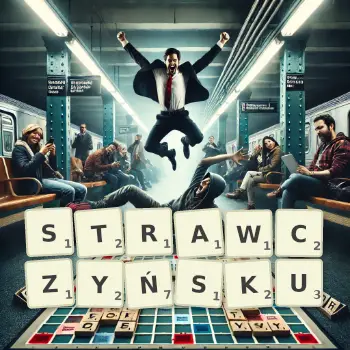 Kreatywna ilustracja do gry w Scrabble ze słowem STRAWCZYŃSKU ułożonym z płytek na planszy.