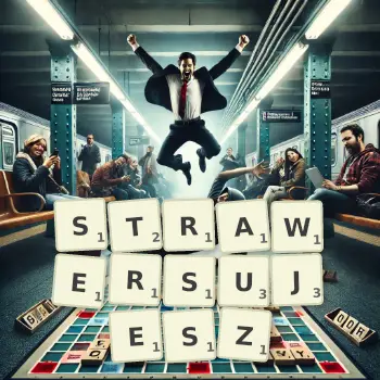 Kreatywna ilustracja do gry w Scrabble ze słowem STRAWERSUJESZ ułożonym z płytek na planszy.