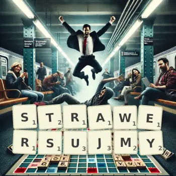 Kreatywna ilustracja do gry w Scrabble ze słowem STRAWERSUJMY ułożonym z płytek na planszy.