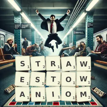 Kreatywna ilustracja do gry w Scrabble ze słowem STRAWESTOWANIOM ułożonym z płytek na planszy.