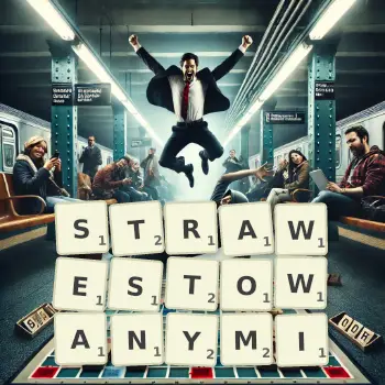 Kreatywna ilustracja do gry w Scrabble ze słowem STRAWESTOWANYMI ułożonym z płytek na planszy.
