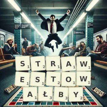Kreatywna ilustracja do gry w Scrabble ze słowem STRAWESTOWAŁBY ułożonym z płytek na planszy.