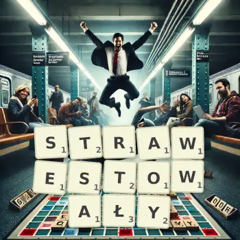 Kreatywna ilustracja do gry w Scrabble ze słowem STRAWESTOWAŁY ułożonym z płytek na planszy.