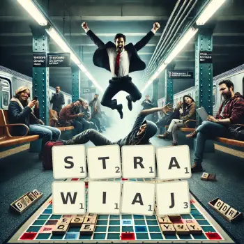 Kreatywna ilustracja do gry w Scrabble ze słowem STRAWIAJ ułożonym z płytek na planszy.