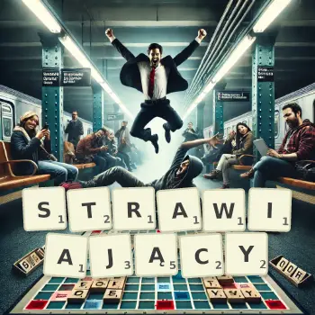 Kreatywna ilustracja do gry w Scrabble ze słowem STRAWIAJĄCY ułożonym z płytek na planszy.