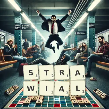 Kreatywna ilustracja do gry w Scrabble ze słowem STRAWIAL ułożonym z płytek na planszy.