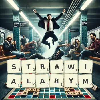 Kreatywna ilustracja do gry w Scrabble ze słowem STRAWIALABYM ułożonym z płytek na planszy.