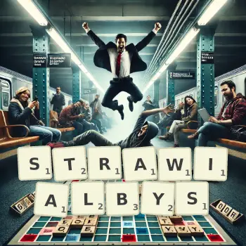 Kreatywna ilustracja do gry w Scrabble ze słowem STRAWIALBYS ułożonym z płytek na planszy.