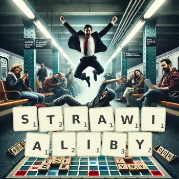 Kreatywna ilustracja do gry w Scrabble ze słowem STRAWIALIBY ułożonym z płytek na planszy.
