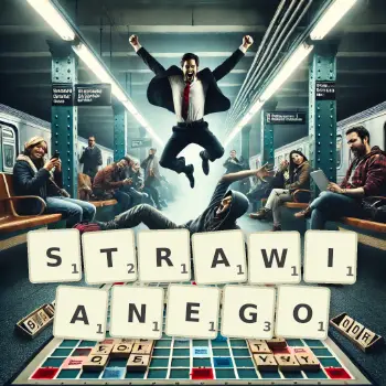 Kreatywna ilustracja do gry w Scrabble ze słowem STRAWIANEGO ułożonym z płytek na planszy.