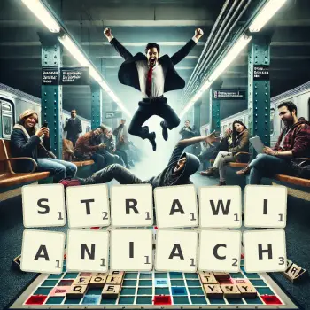 Kreatywna ilustracja do gry w Scrabble ze słowem STRAWIANIACH ułożonym z płytek na planszy.