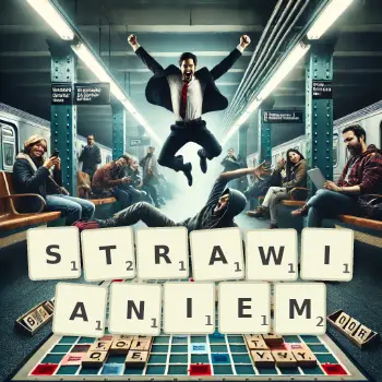 Kreatywna ilustracja do gry w Scrabble ze słowem STRAWIANIEM ułożonym z płytek na planszy.