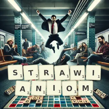 Kreatywna ilustracja do gry w Scrabble ze słowem STRAWIANIOM ułożonym z płytek na planszy.