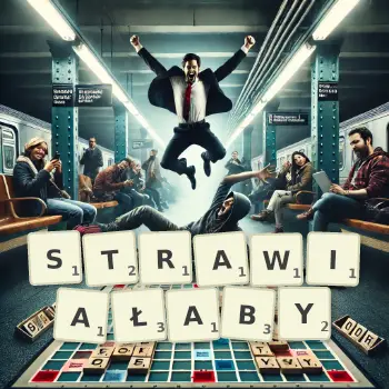 Kreatywna ilustracja do gry w Scrabble ze słowem STRAWIAŁABY ułożonym z płytek na planszy.