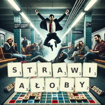 Kreatywna ilustracja do gry w Scrabble ze słowem STRAWIAŁOBY ułożonym z płytek na planszy.