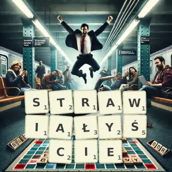Kreatywna ilustracja do gry w Scrabble ze słowem STRAWIAŁYŚCIE ułożonym z płytek na planszy.