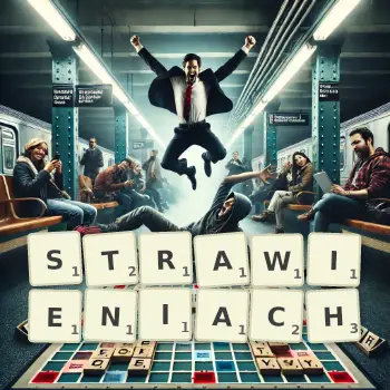 Kreatywna ilustracja do gry w Scrabble ze słowem STRAWIENIACH ułożonym z płytek na planszy.