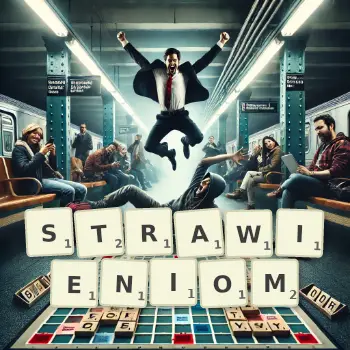 Kreatywna ilustracja do gry w Scrabble ze słowem STRAWIENIOM ułożonym z płytek na planszy.