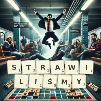 Kreatywna ilustracja do gry w Scrabble ze słowem STRAWILIŚMY ułożonym z płytek na planszy.