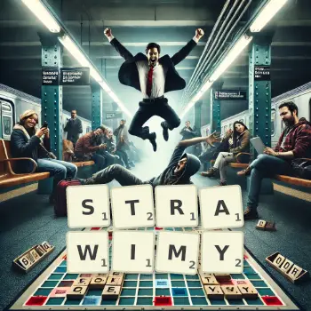 Kreatywna ilustracja do gry w Scrabble ze słowem STRAWIMY ułożonym z płytek na planszy.